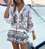 MQTIME  -  European And American Style Autumn New Women Clothing V-neck Loose Retro Heavy Embroidery Bat Shirt Top Skirt Street Style Suit