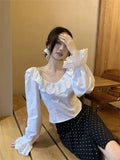 MQTIME  -  French Style Backless Long Sleeved Shirt for Women Summer Bow Short Blouse Elegant White Ruffled Top Blusas Femininas Elegantes