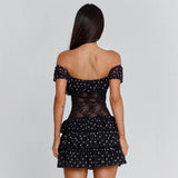 MQTIME  -  Black Polka Dot Mini Dress Women Off Shoulder Lace Bodice Ruffle Tiered Skirt Sexy Party Club Wear Summer Fashion Vestidos