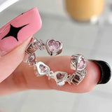 Mqtime Korean Sweet Pink Heart Zircon Opening Ring for Women Girls New Trendy Design Luxury Adjustable Finger Rings Set Jewelry