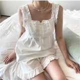  MQTIME  -  Palace style pure cotton wood ear suspender pajamas set summer new Korean ins sweet girl square neck home outfit