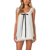MQTIME  -  Women Mini Dress Lace Trim Fly Sleeve Bowknot Embellished Short Dress Summer Fashion Casual Dress