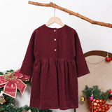  MQTIME  -  Girls Corduroy Dress Autumn Winter New Round Neck Warm Princess Dress Waist Pleated Back Buttons Long-Sleeved Dresses For Kids