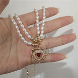 Mqtime Kpop Vintage Baroque Red Crystal Heart Pendant Pearl Chain Necklace For Women Jewelry Wedding Christmas Gift Y2K Accessories