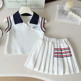 MQTIME  -  Baby Girl College Style Summer 2PCS Clothes Set Polo Collar Kid Girl Vest Top Set Thin Stylish Stripe Pleated Skirt Belle Outfit