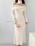 Mqtime women Elegant V-neck Flower Decoration Sweater Dresses Vintage Slim A-line Knitted Party Long Dress Korean Fashion Autumn Winter