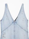  MQTIME  -  Vintage Women's Denim Halter Dress Sleeveless Perforated V-Neck Long Summer Dress for Ladies Holiday Fashion
