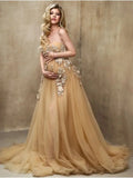 MQTIME  -  Romatic Gold Maternity Dresses Sweetheart Lace Appliques Beading Photosoot Outfit Customized Tulle Babyshower Gowns For Photo
