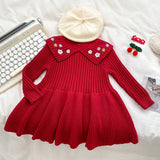 MQTIME  -  Girls' Autumn Knitted Sweater Dress Children Floral Embroidered Peter Pan Collar Sweater Gown Casual Kids Winter Warm Clothes