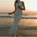 MQTIME  -  Sexy Halter Bead Backless Maxi Dresses Women Fashion Sleeveless High Waist Slim  A-line Dress Lady Summer Evening Party Robes