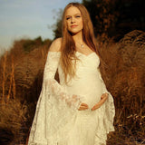  MQTIME  -  Maternity Off Shoulder Lace Maxi Dress Bell Sleeves Pregnant Long Gown Dresses For Photoshoot Baby Shower