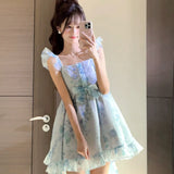 MQTIME  -  Party Mini Dresses Women Sweet Bow Floral Printed Ruffles Flying Sleeve Square Collar Princess Elegant Dress Female