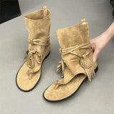  MQTIME  -  Women Bohemian Tassel Mid Calf Boots Retro Suede Clip Toe Sandal Boots Lace Up Fringe Western Cowgirl Summer Hollow Out Boots