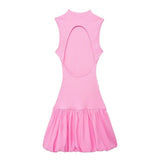  MQTIME  -  Women Elegant Solid Mini Dress Turtleneck Backless Sleeveless Slim Dresses Summer Woman Party Pink Ball Gown Dress