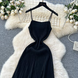 MQTIME  -  Summer New Knitted Pleated Long Dress High Waist Midi Sling Dresses Elegant Sleeveless Women Streetwear Black Bodycon Vestidos