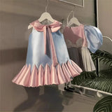 MQTIME  -  Summer Children Girl Party Dress Bow Turn Down Collar Spliced Pleated Dress For 1-8Y Girls Loose Infant Baby Girl Birthday Dress