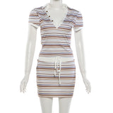 MQTIME  -  Striped Print Vintage Ribbed 2 Piece Set Women Sexy Turn Down Collar V-neck Short Sleeve T-shirts Tops + Drawstring Mini Skirts