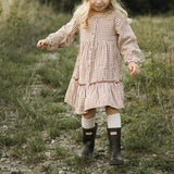  MQTIME  -  Retro Cotton Linen Long-Sleeved Plaid Dress Girls Spring New Button-up Ruffled Round Neck A-Line Dresses Children's Clothing