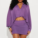  MQTIME  -  See Through Mesh 2 Piece Set Women Turn Down Collar Long Sleeve Asymmetrical Bubble Shirt Crop Tops + Bodycon Mini Skirts Suits