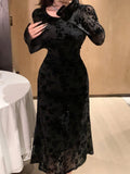  MQTIME  -  New Crew Neck Black Floral Lace Elegant Midi Dress Sexy Mesh Long Flare Sleeve Wedding Guest Dresses Women's Luxury Party Dress
