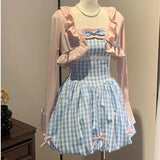MQTIME  -  Sweet Korean Summer Fashion All Match Y2k Two Piece Sets Preppy Style Constrast Color Plaid Puffly Sling Dress Pleated Cardigan