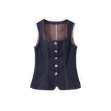 MQTIME  -  Vest Jeans Set Women Square Collar Sleeveless Single Breasted Tank Top High Waist Denim Straight Pant 2025 Summer Lady Slim Suit