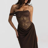 MQTIME  -  Sexy One Shoulder Lace See Through Maxi Dress Women Gown Fashion Off-shoulder Sleeveless Backless Club Long Dresses 2025 Chic