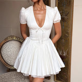 MQTIME  -  Summer New French V-neck Women Short Sleeved Dress Elegant Charm Female Evening Dresses