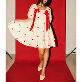 MQTIME  -  Women's Cute Satin Bownot Tied Heart Print Puff Short Sleeve Ruffle Hem Tiered Flowy Loose A-Line Mini Babydoll Dress