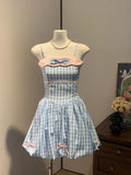 MQTIME  -  Sweet Korean Summer Fashion All Match Y2k Two Piece Sets Preppy Style Constrast Color Plaid Puffly Sling Dress Pleated Cardigan