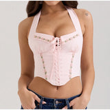MQTIME  -  Elegant Print Criss-cross Lace Up Top Women Halter Sleeveless Backless Hollow Out Vest 2025 Summer Female Sexy Beach Tank Top