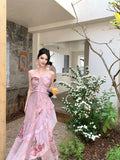 MQTIME  -  Woman Dress Sexy Elegant Sleeveless Floral Printed Spring Fashion Irregular Ruffles Holiday Hollow Out Backless Dresses
