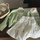 MQTIME  -  Korean Spring Children Girl 2pcs Clothes Set Cartoon Sling Top Solid Ribbed Knitted Cardigan Floral Print Pant Baby Girl Outfits