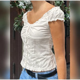 MQTIME  -  Fashion White Pleated Slim Fit Vest Women Elegant Puff Sleeve Square Neck Single Breasted Top 2025 Summer Street Female New Wear