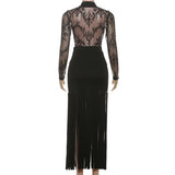﻿ MQTIME  -  Sexy See Through Mesh Lace Long Sleeve Shirts Top + Tassel High Waist Bodycon Maxi Skirts Women Fashion 2 Piece Set Party Suits