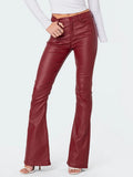 MQTIME  -  Women PU Leather Long Pants Solid Color High Waist Bell Bottom Trousers for Party Fashion Streetwear