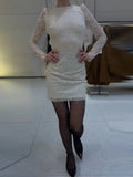 MQTIME  -  Sexy White Lace Full Sleeve Mini Dress Women O-neck Backless Hip Package Slim Waist Cinching Dresses Lady Evening Party Vestidos