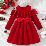 ﻿ MQTIME  -  Christmas Girls Dress Kids with Off-the-Shoulder Design Ruffled Gown Children's Winter Long-Sleeved Vestidos Kids Autumn Clothes