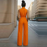 MQTIME  -  Casual Lace-Up Solid Color Long Jumpsuits Women Fashion Waist Pocket Straight Romper Elegant Lapel Button Office Playsuits