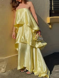 MQTIME  -  Summer Leisure Vacation Long Dress Elegant Sling Layered Satin Party Dress New Ladies Sleeveless Hollow Beach Maxi Dresses
