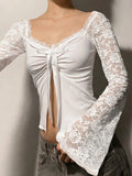 MQTIME  -  Elegant Temperament Solid Lace Patchwork V Neck Flare Sleeve Lace-up Sexy Women's T-shirts