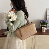  MQTIME  -  Women's Khaki Straw Weave Leather Patchwork Tote Bag Vacation Casual Aesthetic Beach Daily Shoulder Handbag Summer Trend