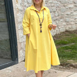 MQTIME  -  Spring Summer 3/4 Sleeved Loose Shirt Dress Office Lady Lapel Pockets Solid A-line Dress Simple Temperament Commuting Midi Dress