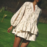 MQTIME  -  Boho Short Sets Vintage Style Romantic Two Pieces Outfits Long-sleeved Top + Shorts Vacation Sets Femme Matching Set