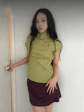 MQTIME  -  Green High Neck Slim Fit Tops Women Fashion Mini Sleeves Asymmetric Button Short Shirts Summer Trendy Lady Casual Wear New