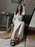 MQTIME  -  Deep V Cardigan Dresses Women Hollow Sexy Single-breasted Long Cardigan Summer White Slim-fit Long Sleeve Vacation Ladies Robe