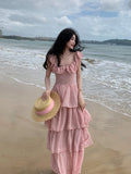 MQTIME  -  New French Sweet Pink Ruffles Beach Holiday Sleeveless Dress Women O-neck Slim Print Midi Tank Cake Long Dress Vestidos