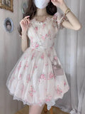 MQTIME  -  Pink sweet bow short sleeved floral dress for women in 2024 spring and summer, princess lotus leaf bud fluffy skirt