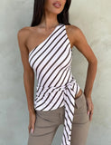 MQTIME  -  Chic Striped One Shoulder Top Women Sexy Sleeveless Tie Waist Slim Fit Asymmetric Blouse Casual Summer Lady New Party Tops