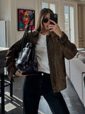 MQTIME  -  Women Elegant Suede Brown Bomber Jackets Fashion Ladies Casual Loose Outfits for Vintage Female Chic Clothes Cute